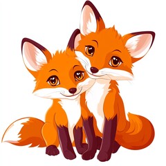 Obraz premium Two friendly, cartoonish foxes sit together, showcasing their bright orange fur and playful expressions.