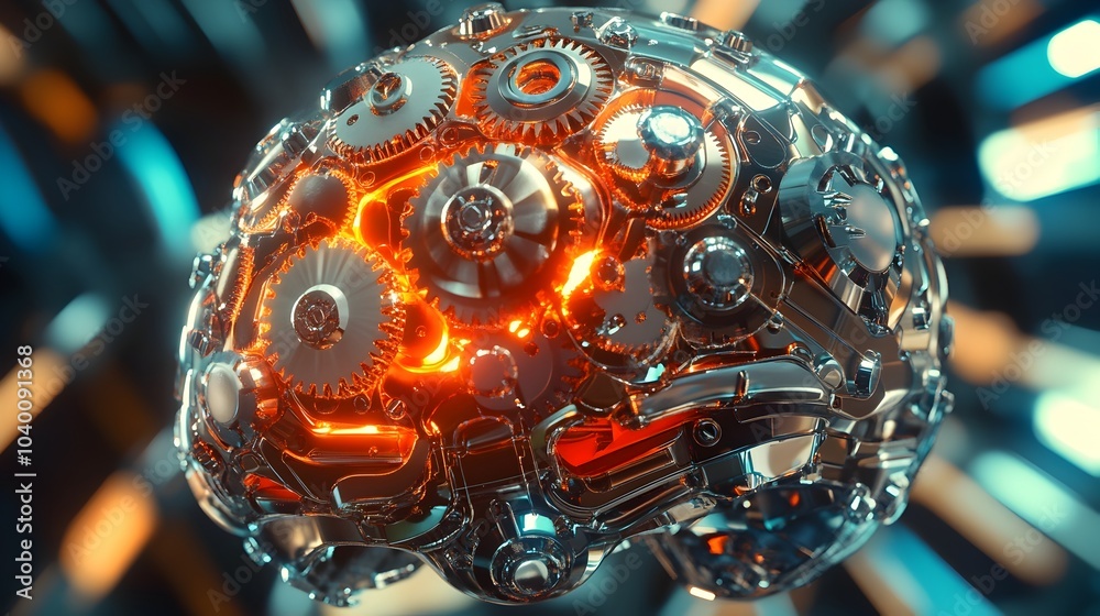 Wall mural boldly imagined cerebral mechanism formed by a dynamic interlacing array of vibrant shimmering gears