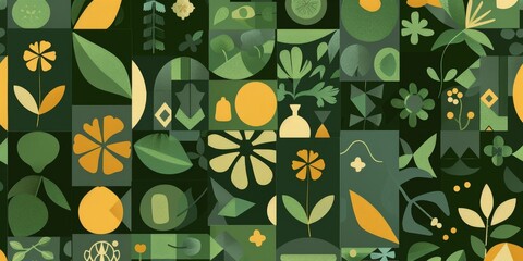 Explore the vibrant geometric floral pattern in green tones featuring a blend of simple forms inspired by Bauhaus and Swiss design
