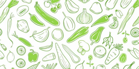 A vibrant seamless pattern featuring an assortment of organic fruits and vegetables in a green and white doodle style