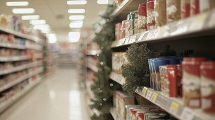 Fototapeta premium Holiday Grocery Store Aisle With Discounted Products