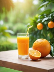 Naklejka premium ORANGE JUICE ON THE TABLE WITH A BEAUTIFUL VIEW