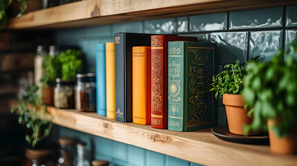 Obraz premium A Vibrant Collection of Colorful Cookbooks Neatly Arranged on a Rustic Wooden Surface
