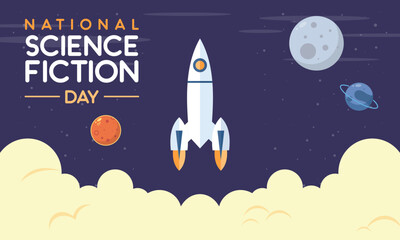 Naklejka premium National Science Fiction Day Background. Space, Fantasy, Sci-Fi Poster Design