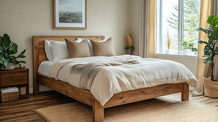 Fototapeta premium Cozy Neutral Bedroom Featuring a Simple Wooden Bed Frame with Soft Bedding