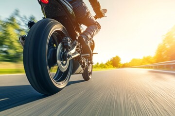 A motorcyclist pulling a high-speed wheelie on a clear, open highway