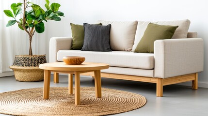 Cozy Living Room Modern sofa, wood table, potted plant, neutral decor, beige and green cushions, round jute rug