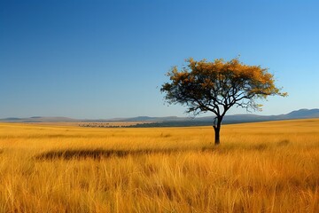 Obraz premium Serene Landscape with a Lone Tree in Golden Grasslands Under a Clear Blue Sky