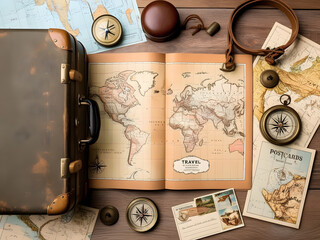 A vintage travel adventure awaits with an open world map, compass, postcards, and a classic suitcase on a rustic wooden table