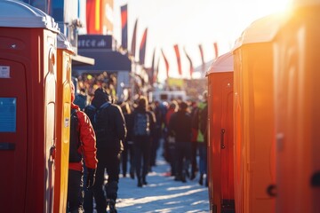 Multiple outdoor portable potties at a crowded sporting event