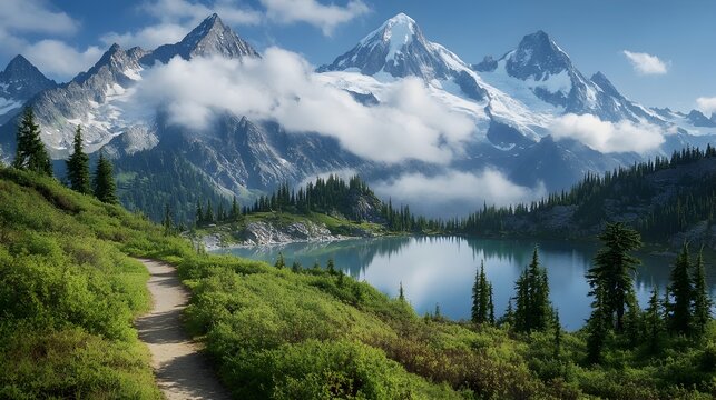 Majestic snow capped mountain range with rugged peaks piercing the clouds reflected in a pristine alpine lake surrounded by an evergreen forest and winding hiking trail