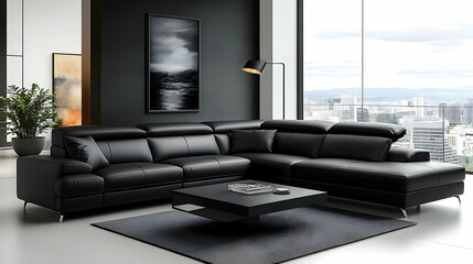 Sleek Black Leather Couch with Matching Coffee Table in Modern Living Room Setting
