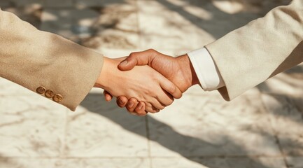 Two individuals shake hands in a professional setting, symbolizing agreement and collaboration during a sunny day,businessman