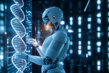 futuristic robot analyzing DNA sequences in high tech environment, showcasing advanced technology and artificial intelligence. scene evokes sense of innovation and exploration