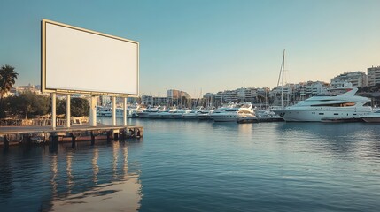 Blank billboard mockup at a marina, with boats and yachts docked in the water.
