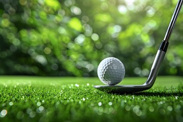 Close-Up of a Golf Club Preparing to Strike a Golf Ball on Lush Green Grass