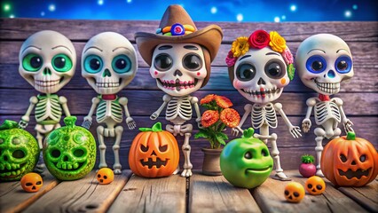 Minimalist Doodle Halloween Skulls Set for Spooky Autumn Holiday and Day of the Dead Celebrations