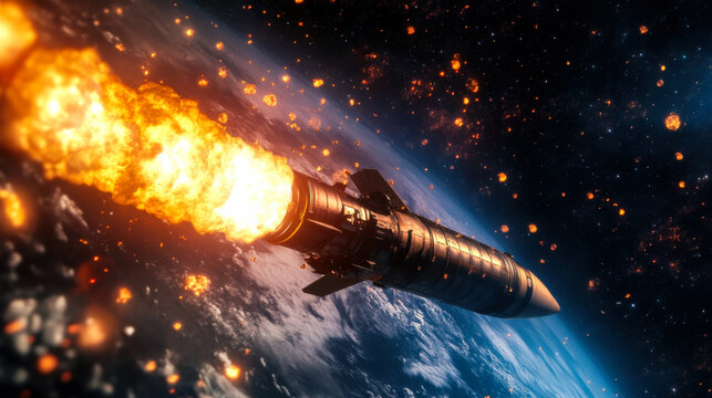 Rocket launching into space with bright flames and smoke against the backdrop of Earth and clouds at night