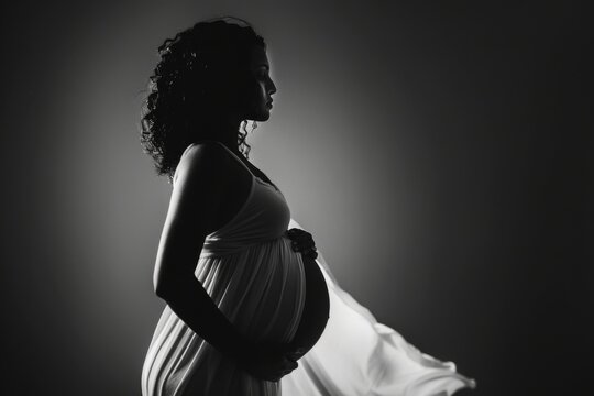 A serene maternity photoshoot capturing late pregnancy glow against a dramatic dark backdrop with soft, flowing fabric