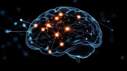 A brain with bright glowing neural connections on a dark background, symbolizing neural activity. The concept of neural networks and artificial intelligence