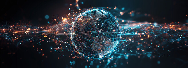 Fototapeta premium Futuristic globe with digital network lines representing global connectivity and technology. vibrant colors and intricate details evoke sense of innovation and progress