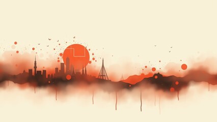 Abstract city skyline with a sunset.