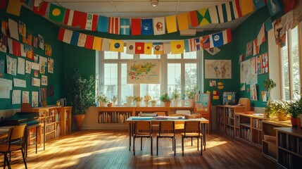 A classroom decorated with flags from around the world, students sharing cultural stories, a teacher facilitating, left third copy space. Harmony, Joy, Love