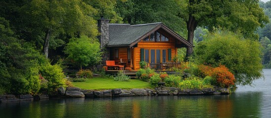 Obraz premium A cozy wooden cabin with a large deck overlooking a serene lake.
