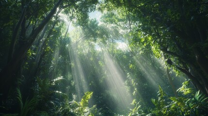 Beautiful view of dense forest with tall trees and sunlight through the canopy, creating a peaceful natural atmosphere.