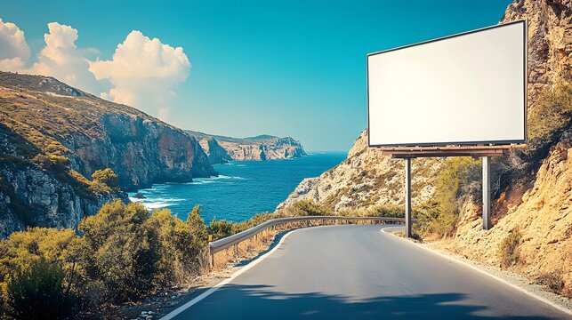 Blank billboard mockup along a scenic coastal road, with cliffs and the sea below.