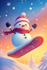 Naklejka premium Cute snowman ski in snow field in mountain.