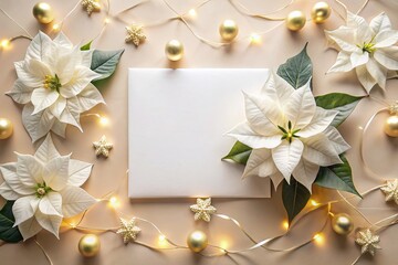 Minimalist Holiday Blank Card Flat Lay with White Poinsettia Decorations for Seasonal Greetings
