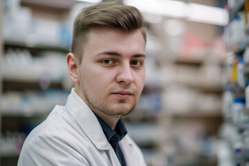 Obraz premium Photo of man pharmacist on the background of shelves with medicines generative AI
