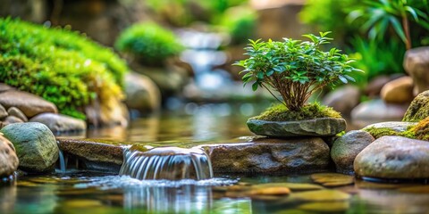 Fototapeta premium Mini oasis filled with greenery and small stream flowing down stone