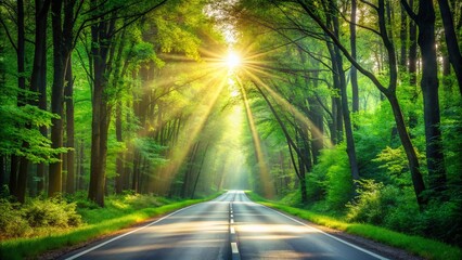 Minimalist Highway Through Tranquil Forest in Spring with Sun Rays