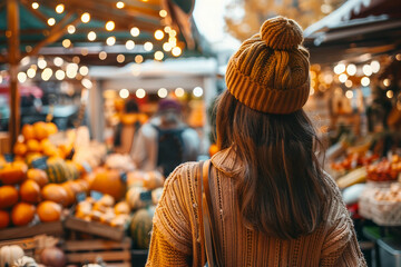 Obraz premium Seasonal autumn fair market with bright warm autumn colors, people crowd shopping having fun, Generative AI