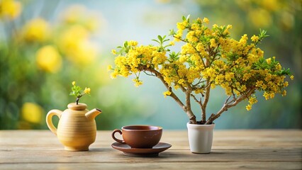 Miniature tree with yellow flowers, teapot and cup