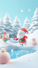 cheerful festive scene featuring Santa Claus skating on ice, surrounded by playful characters in snowy landscape with trees and small pond