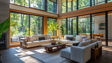 Fototapeta premium A large living room with a fireplace, a couch, and a coffee table