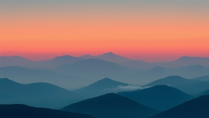 Silhouettes of mountain peaks at sunset.