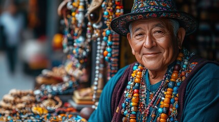 Fototapeta premium Street Vendor Selling Vibrant Handmade Jewelry: A Colorful Display of Artistic Craftsmanship