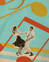Dynamic retro dance scene, couple dancing with energy and fun. Vintage attire reflecting fashion of 1950s dance era. Contemporary art collage. Concept of retro aesthetic, vintage dance, nostalgia