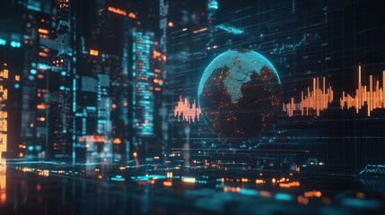 A digital representation of the Earth surrounded by data visuals and graphs in a futuristic financial setting at night