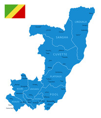Republic of the Congo - Detailed Blue Country Map with Cities and Regions. National Flag. Vector Illustration.