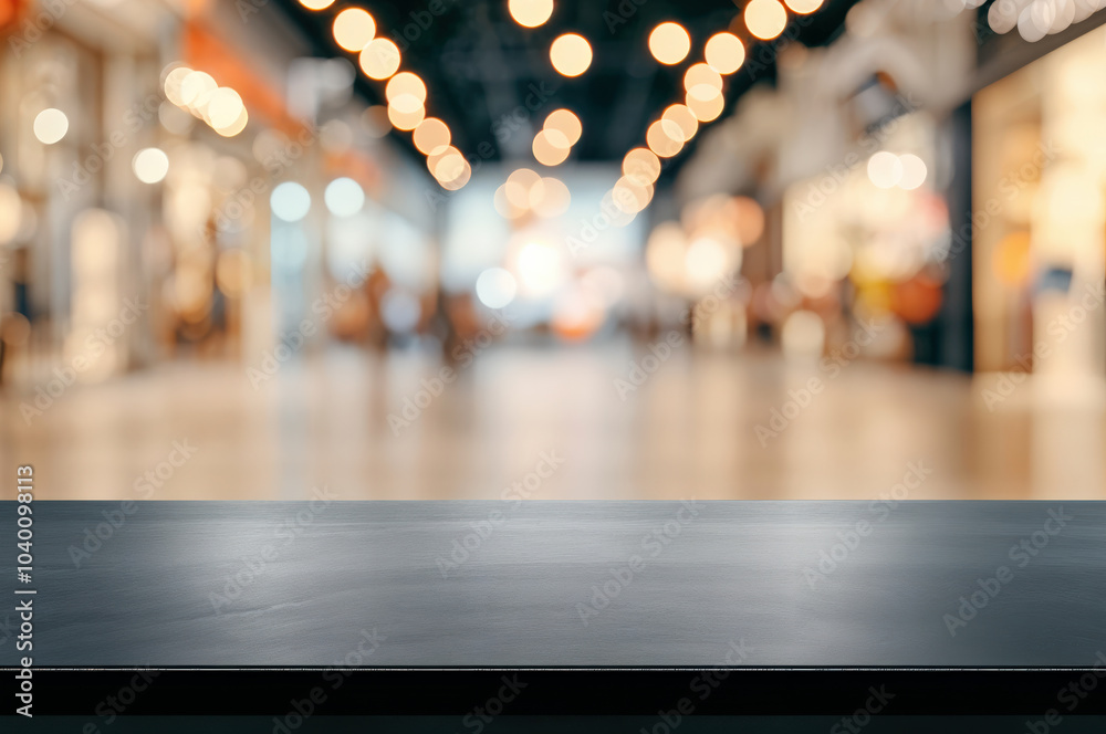 Poster Empty table surface providing space for product placement with blurred shopping mall background