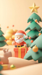 cheerful Santa Claus figure stands beside colorful gift box in whimsical 3D scene filled with stylized Christmas trees and festive decorations, evoking joyful holiday spirit
