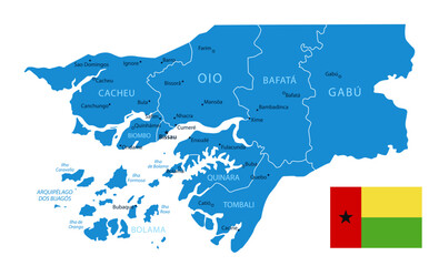 Obraz premium Guinea-Bissau - Detailed Blue Country Map with Cities and Regions. National Flag. Vector Illustration.