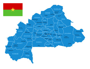 Obraz premium Burkina Faso - Detailed Blue Country Map with Cities and Regions. National Flag. Vector Illustration.
