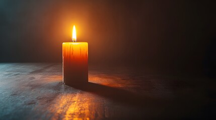 Lit Candle on Dark Wooden Surface