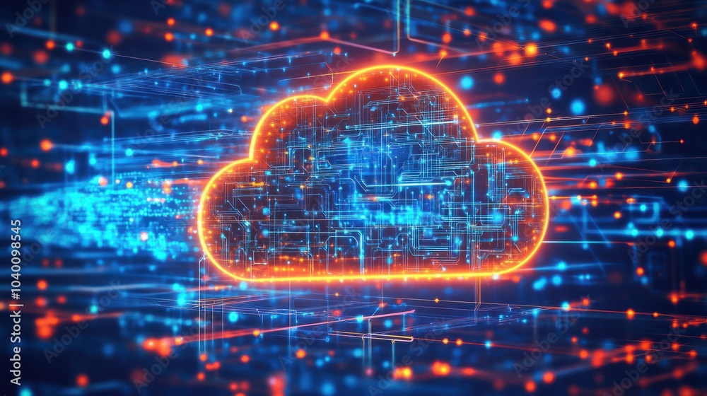 Wall mural a glowing digital cloud icon hovers above intricate circuitry, symbolizing cloud computing and data 